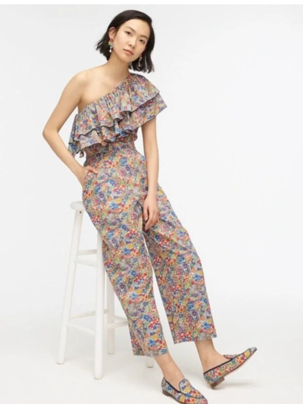 J Crew Liberty Of London Jumpsuit Sz 8 Floral One Shoulder Ruffle Margaret Annie
